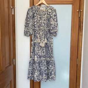 THE GREAT. Blue and Cream Patterned Midi Dress